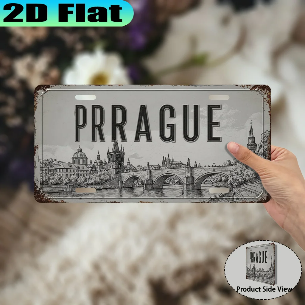 2D Flat, 1pc Prague Vintage Aluminum License Plate Number Plate, Vintage City Style, Gift for Travel Enthusiasts, Souvenir Gift