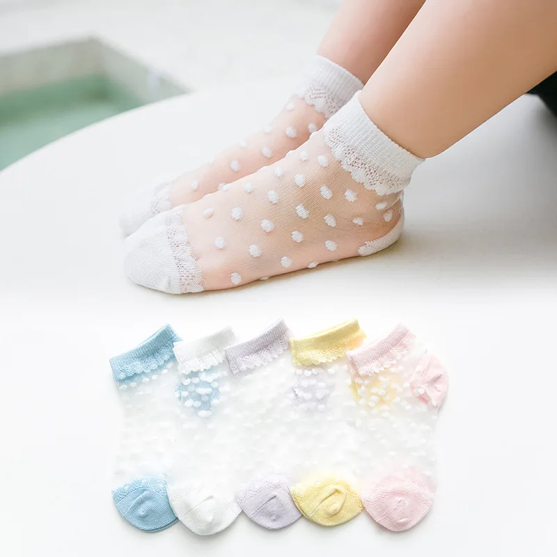 5 Pairs Summer Baby Girls Socks Lovely Dot Crystal Silk Kids Sock Children Toddler Girl Thin Mesh Breathable Elastic Lace Socks