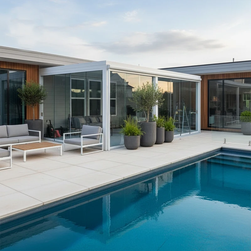 Aluminum Louvered Pergola Gazebo with Motorized Roof and Sliding Glass Doors for Poolside Villa