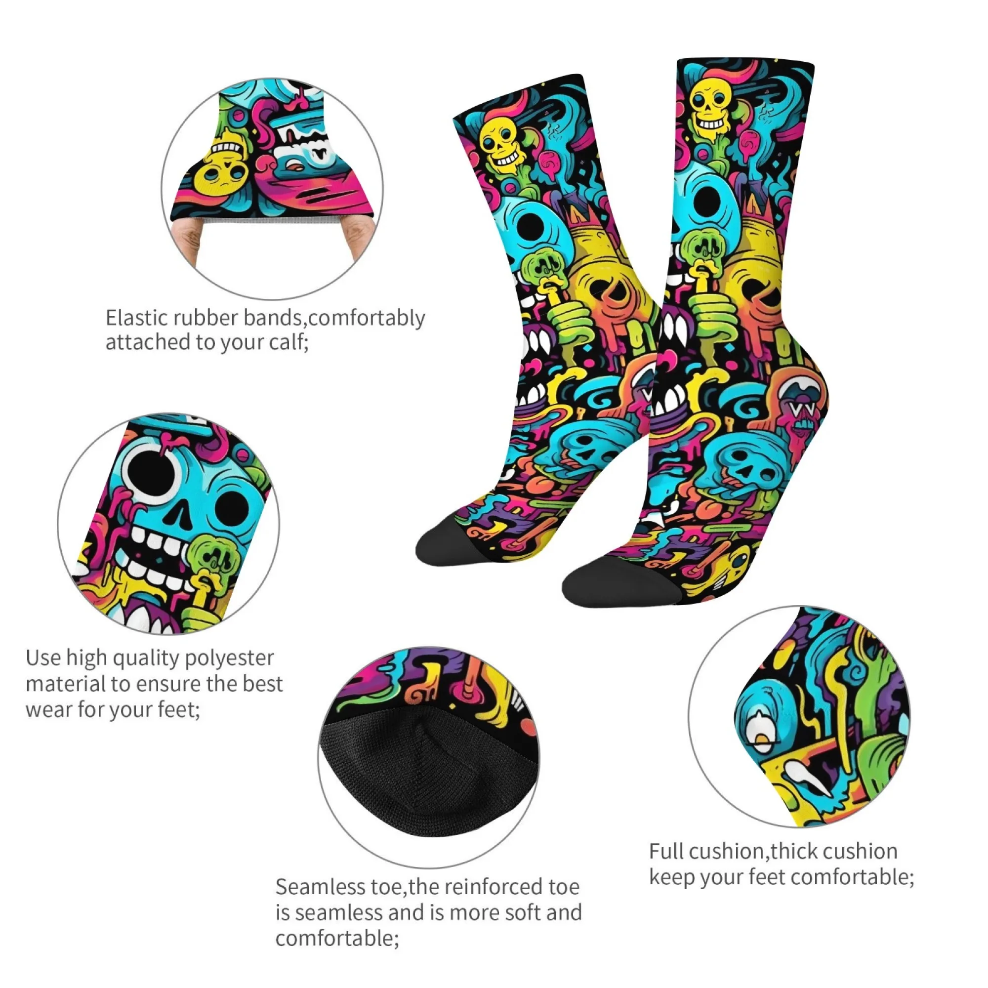 

Psychedelic Skull Graffiti Socks Subculture Niche Art Men's Mid-calf Socks Vibrant Colors Trendy Stylish Soft Breathable Socks