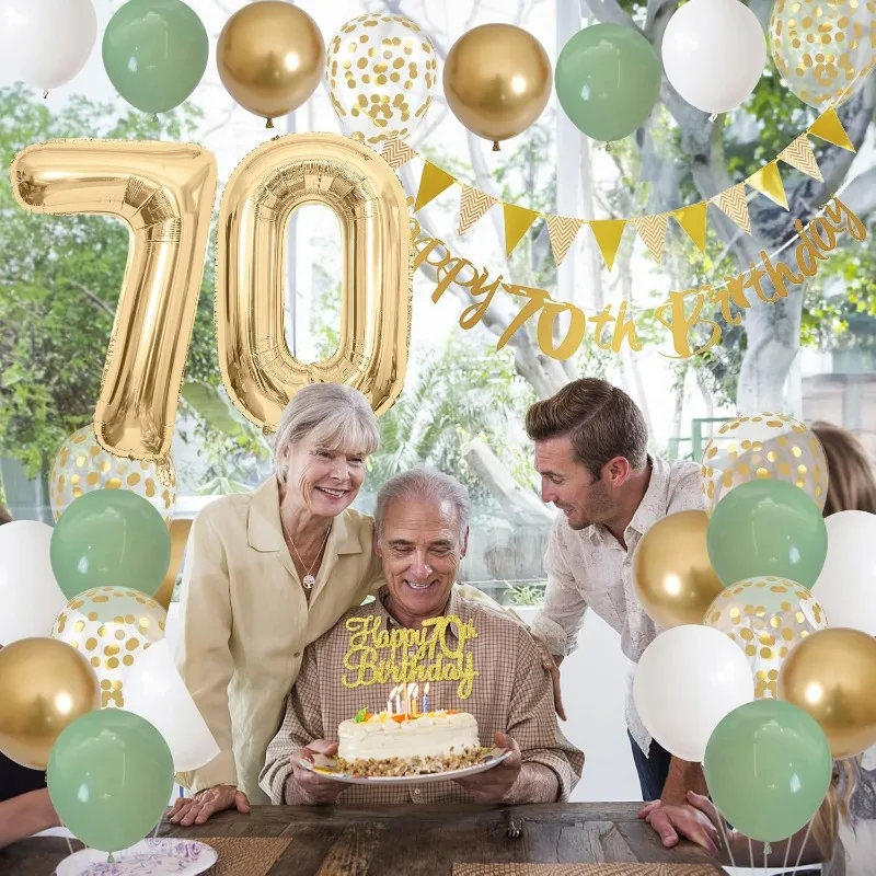 Salbeigrün, Gold, Weiß, 70. Geburtstag, Dekorationen für Geburtstag, Luftballons, alles Gute zum 70. Geburtstag, Banner, Kuchendekoration, 70-jähriges Dekor – Detail 6