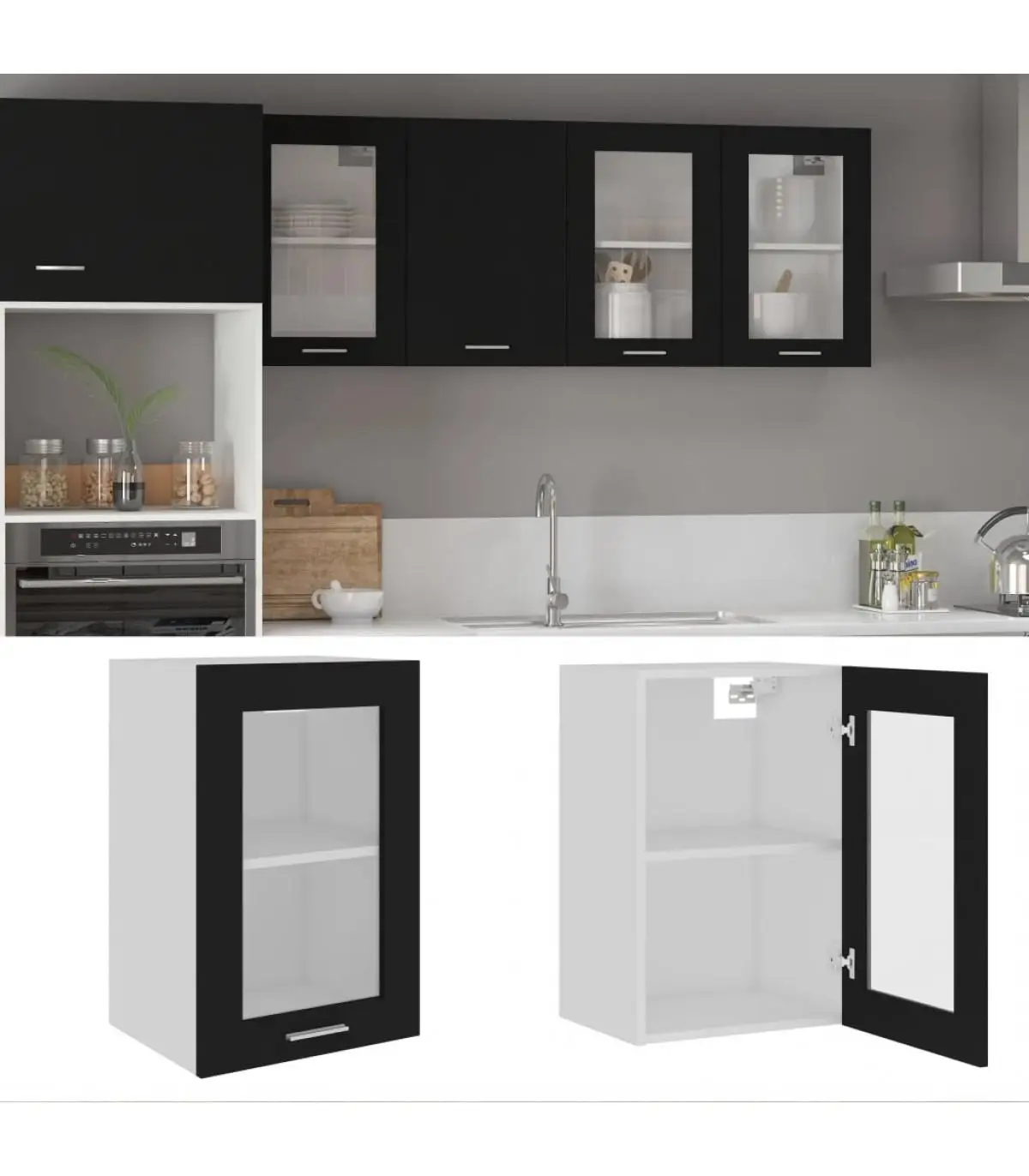 Kitchen cabinets hanging cupboard glass black plywood 40x31x60 cm