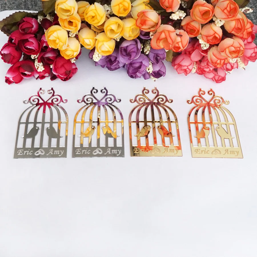 

10Pcs/Lot Custom Acrylic Name Tags Personalized Mirrored Birdcage Card Party Stickers Private Guest Favors Gifts Decor