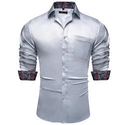Chemise à manches longues en Satin argenté pour homme, haut de luxe, extensible, couleur unie, blanc, bleu, rouge, robe de soirée de mariage