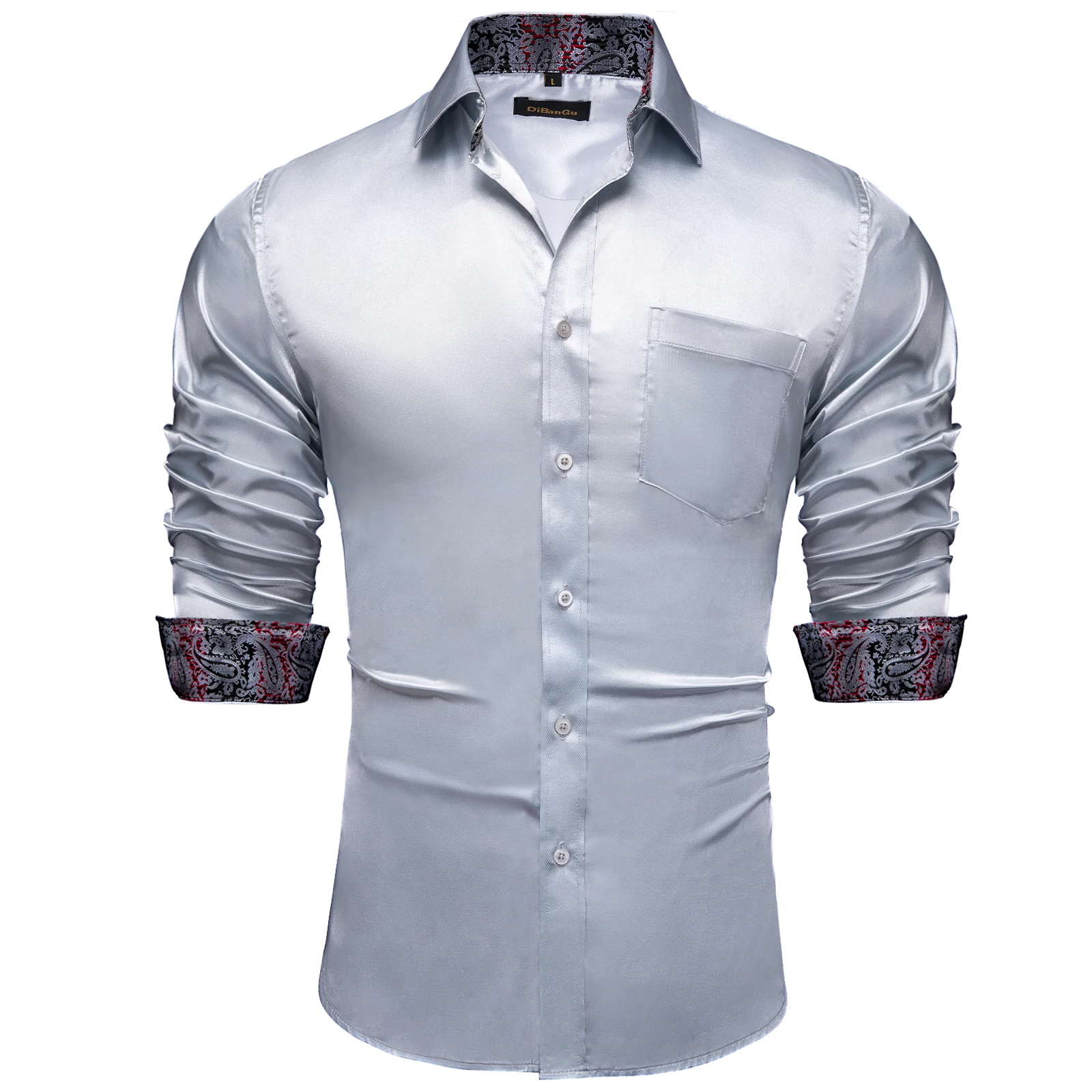 Luxury Stretch Satin Silver Solid Shirts for Men Long Sleeve Top White Blue Red Wedding Party Dress Shirt Blouse Men Clothing