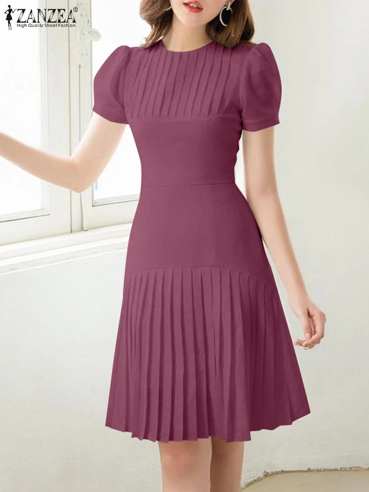 

ZANZEA Elegant Women Party Work Dresses 2025 Summer Pleated Dress Fashion O Neck Short Puff Sleeve Vestidos Kaftan Robe Femme