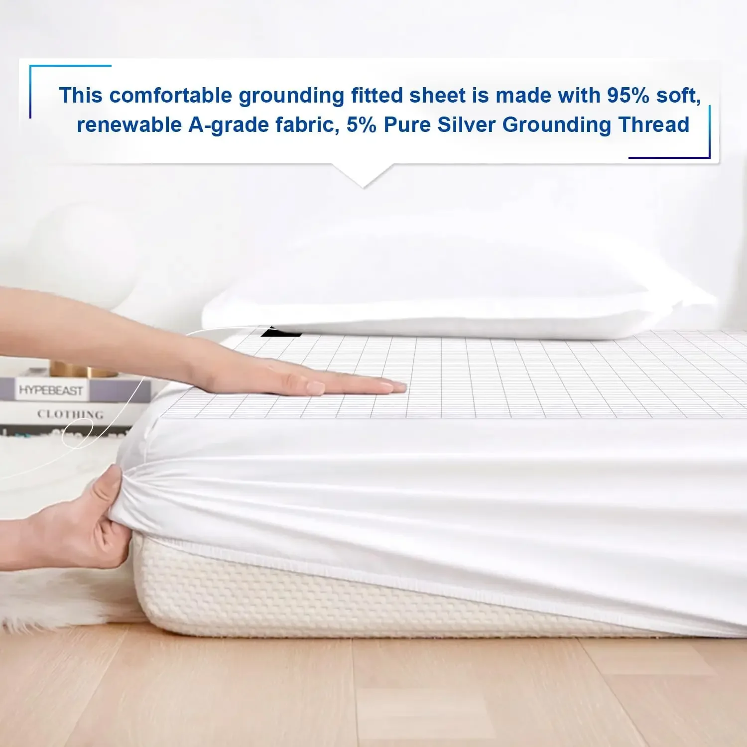 MAXSHARER Earthing 160*200*30cm Fitted Sheet Organic Cotton with Conductive Silver Fiber Grounding Bed Sheet for Nature Wellnes