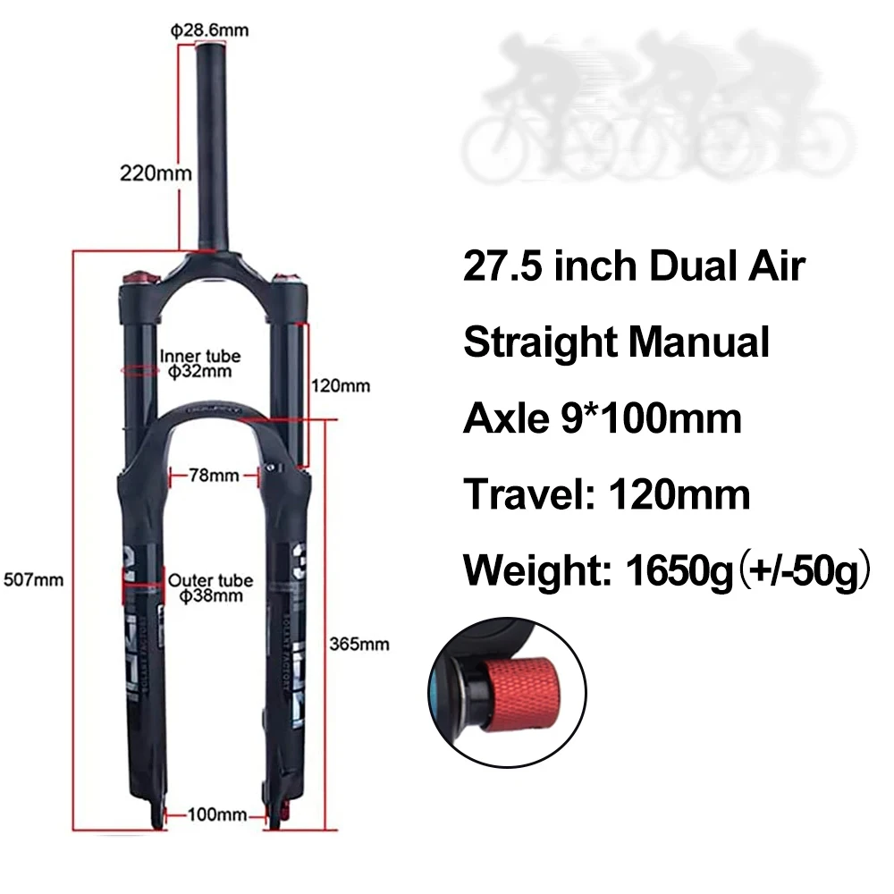 BOLANY Mountain Bike Fork 26/27.5/29 Aluminum Alloy Straight Tube Dual Air Suspension Fork 100mm Shock Absorber Bike Accessorie
