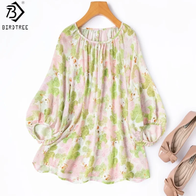 

Birdtree, 100% Real Silk Print Blouse, O-neck Lantern Sleeve Loose Shirt, Women Double Crepe Thin Tops, 2026 Summer New T65034JF