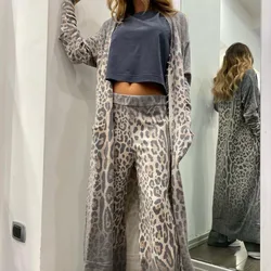 Two Piece Sets Women Leopard Print Long Cardigan V Neck Full Sleeve Tops Wide Leg Pants Suits Midi Waist Autumn Loose Fit