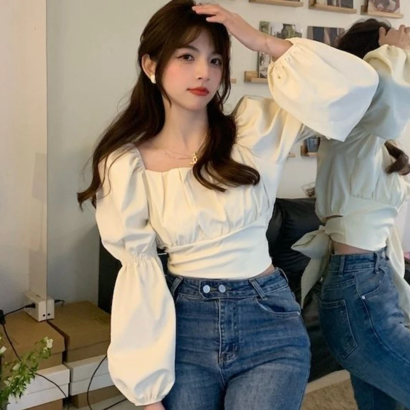 Puff Sleeve Blouses Women Solid Bandage Ulzzang Square Collar Crop Tops Simple Cozy Spring Sweet Casual All-match Students Chic