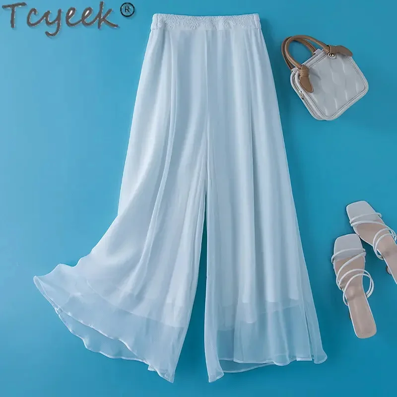 

Summer Tcyeek 100% Mulberry Silk Women Clothes Casual Loose Trousers Elegant Woman Middle-waisted Wide Leg Pants LM