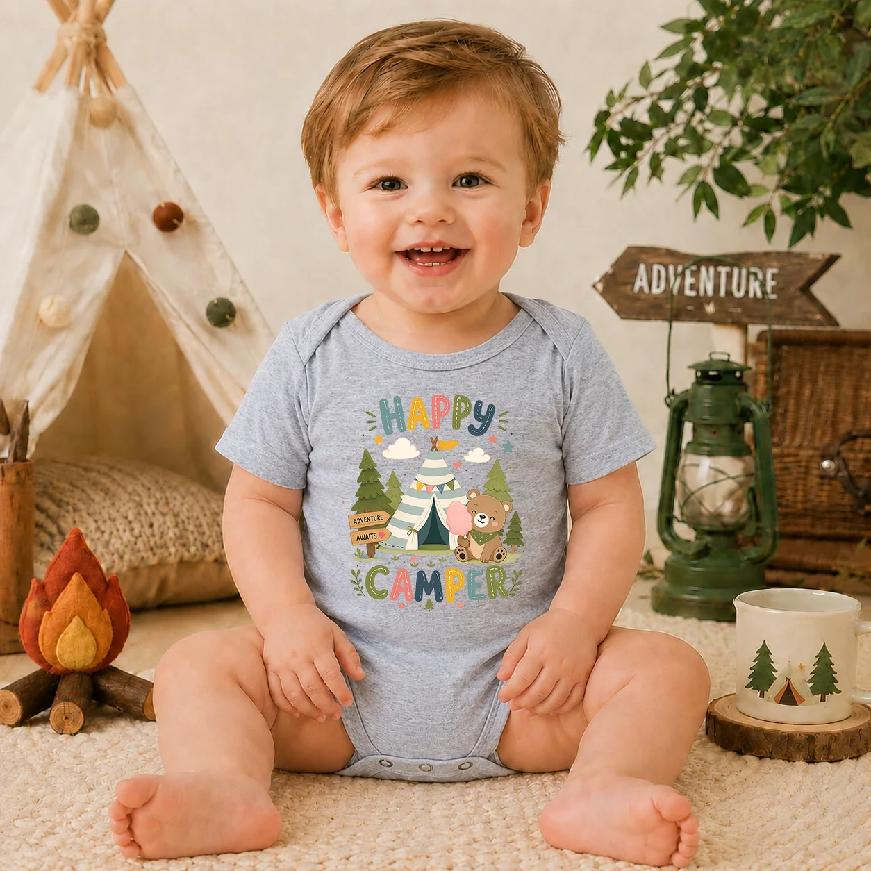 Happy Camper Bear Print Baby Bodysuit Short Sleeve Newborn Romper Camping Adventure Infant Onesie Summer Baby Boy Girl Clothes