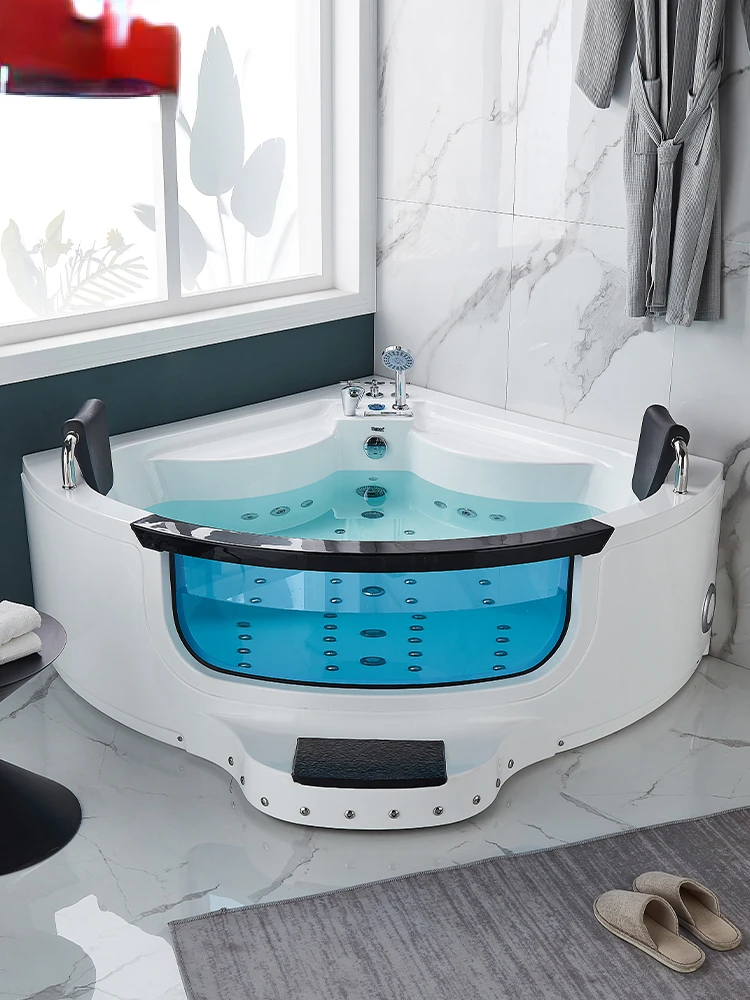 Twin surfing massage bathtub acrylic household adult fan shaped bathtub triangular step in bathtub