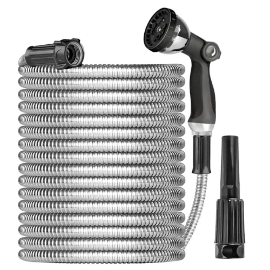 

Metal Garden Hose 100Feet Heavy Duty Stainless Steel Water Pipe with Sprayer Nozzle Flexible Lightweight Hose No Kink Pet Proof