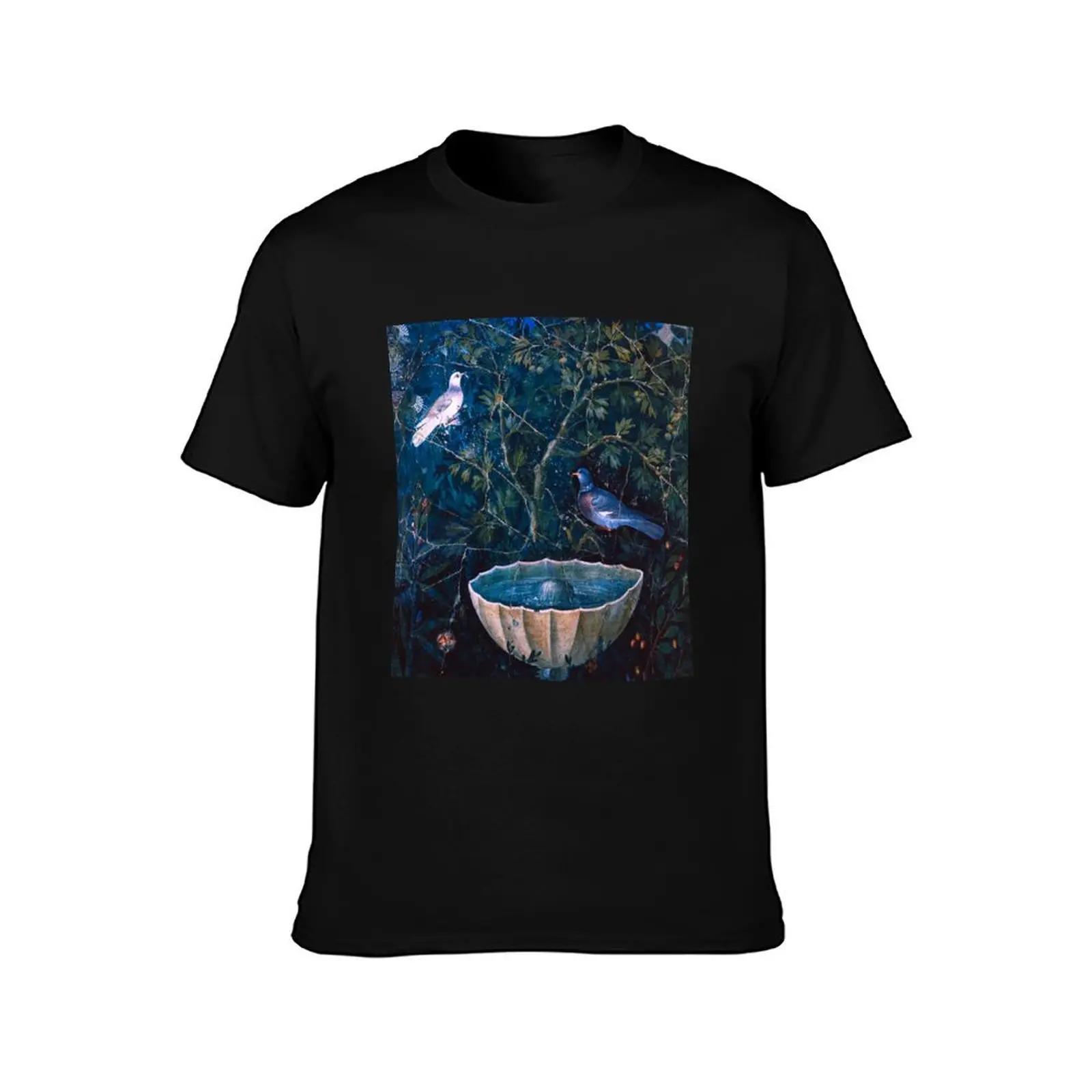 POMPEII COLLECTION / DOVES AND FOUNTAIN IN GARDEN ,BLUE GREEN FLORAL T-Shirt Long Lasting Casual T-Shirt