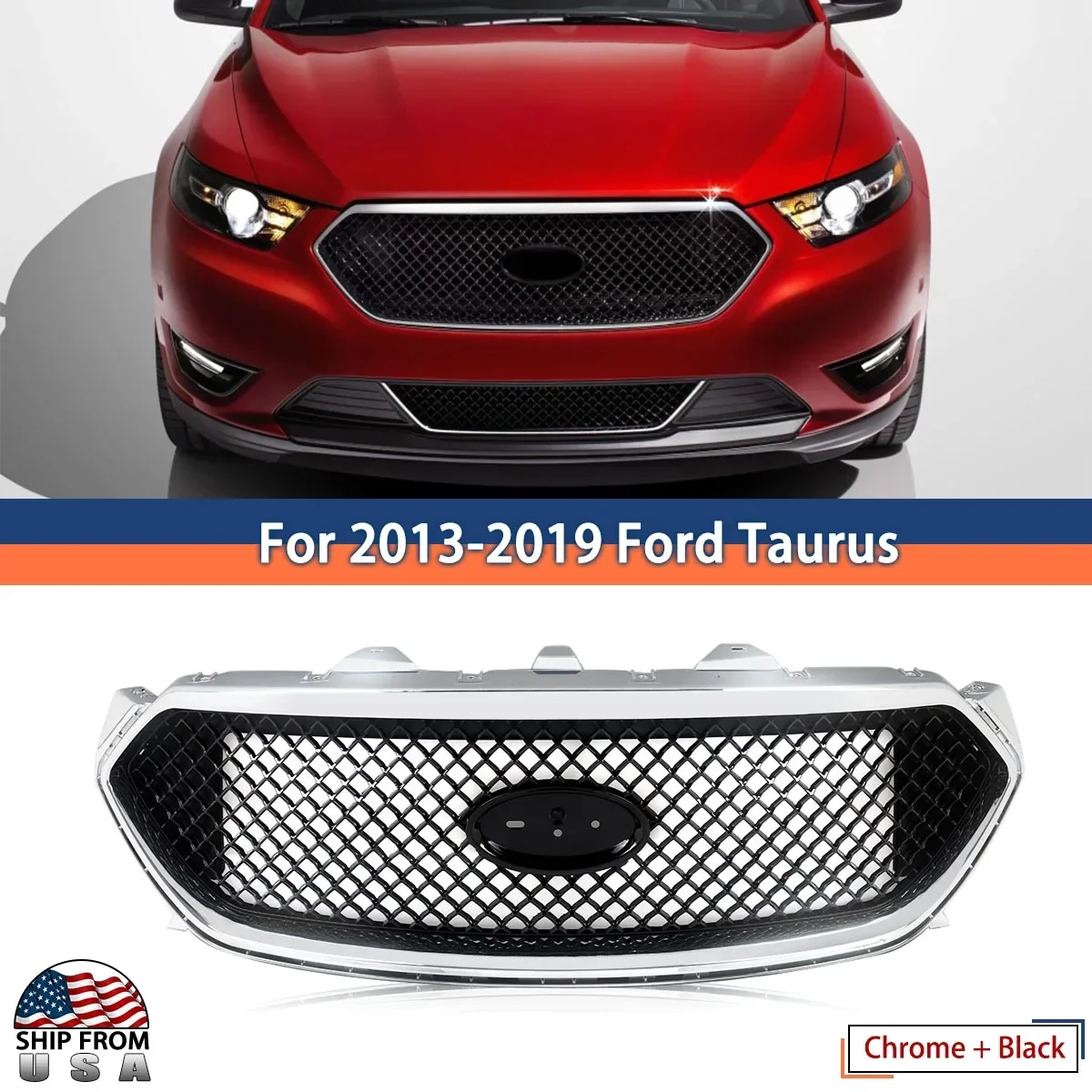 For 2013-2019 Taurus Ford Front Bumper Upper Grille Chrome Trim Black Grill Mesh