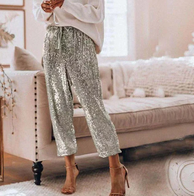 2024 Sequin Shiny Wide Beam Leg Pants Women Casual Christmas Party Harem Pants High Waist Lace Up Trousers Streetwear