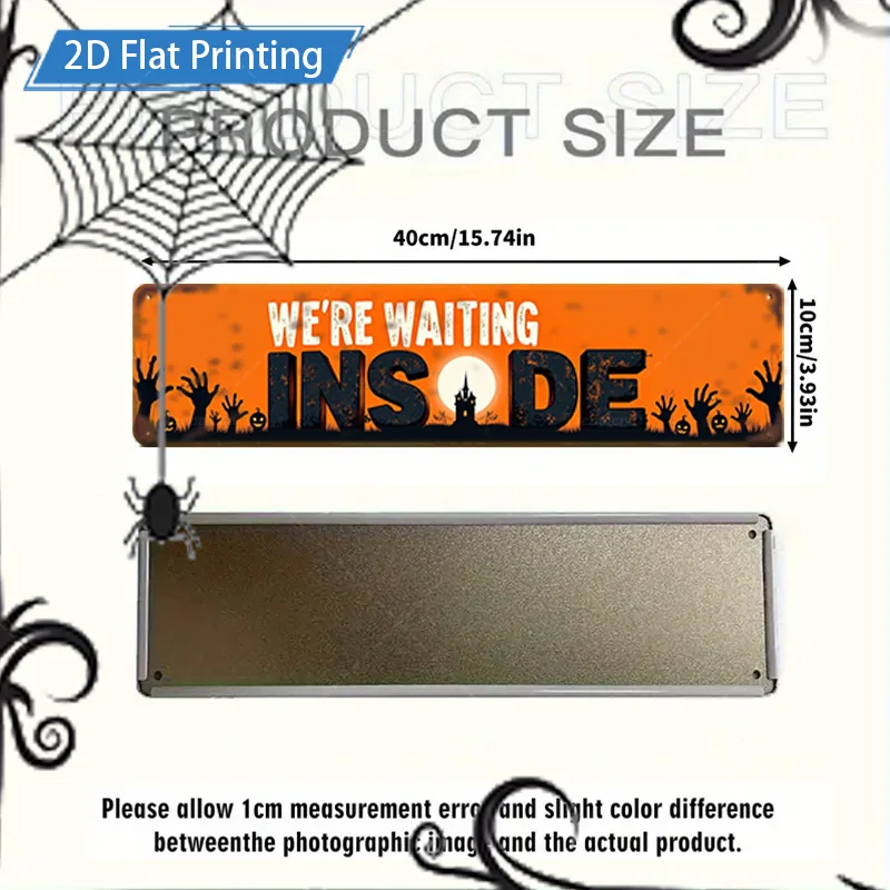 1 قطعة علامة معدنية ، 4x16 بوصة علامة معدنية مطبوعة مسطحة للهالوين: "نحن انتظار من الداخل" ديكور الخفافيش اليقطين المخيف