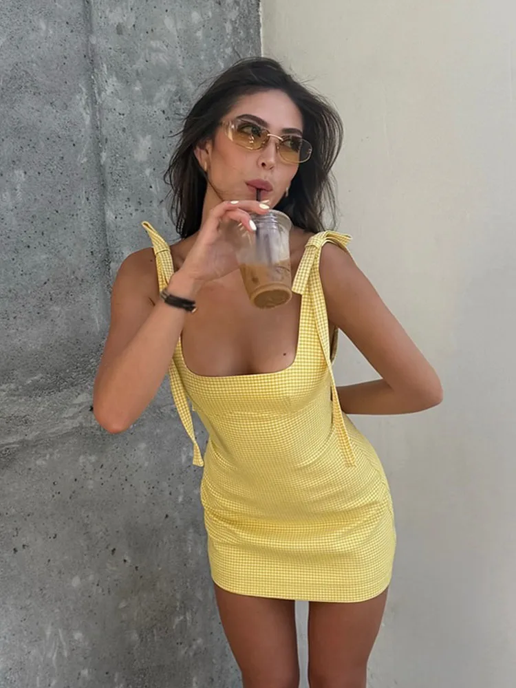 Fanan Female Summer Mini Dress Yellow Plaid Square Collar Sleeveless Backless Bow Decoration Zipper Women Fashion Sexy Dresses