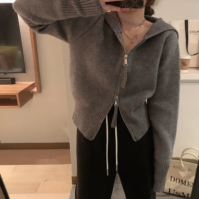 

Женский вязаный кардиган 2023: Новинка весна-осень, приталенный крой, с капюшоном, двойная молния, укороченный свитер-жакет для повседневной носки, однотонный