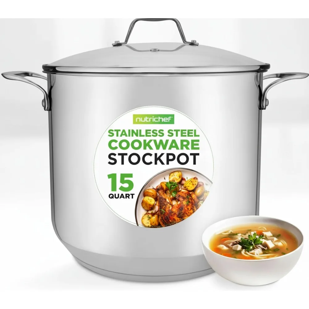 

15-Quart Stainless Steel Stock Pot with Glass Lid - Induction Compatible, Dishwasher Safe for Soups & Stews