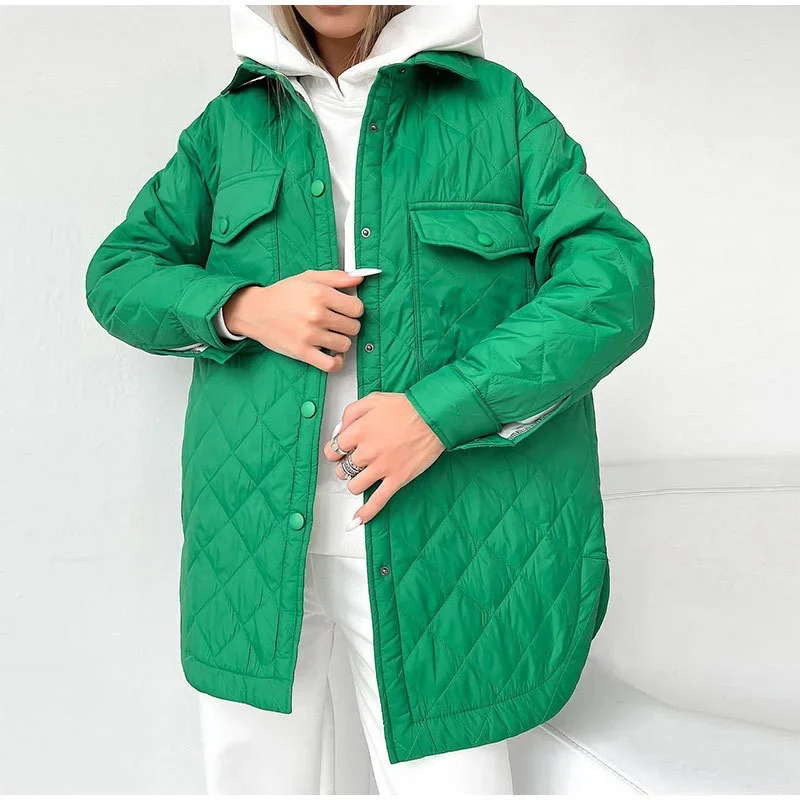 Jaqueta longa e extragrande de algodão feminina, casaco vintage, parka verde e rosa, outwear feminino casual, lapela quente, encaixe solto,