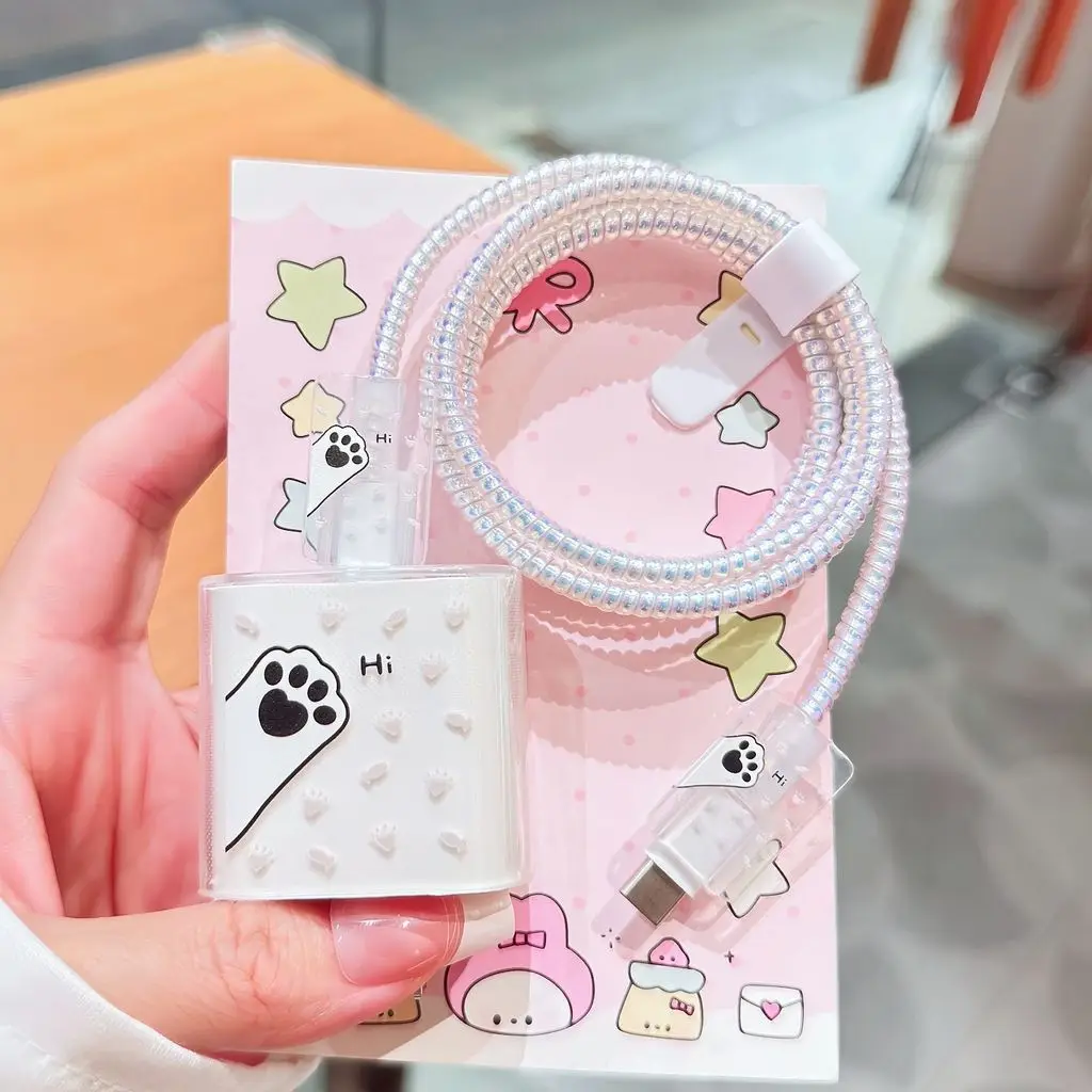 Charger Protector Cover for Apple 18W 20W Cute Cat's Paw Charger Head Protective Case Spring Cable Winder Accessories