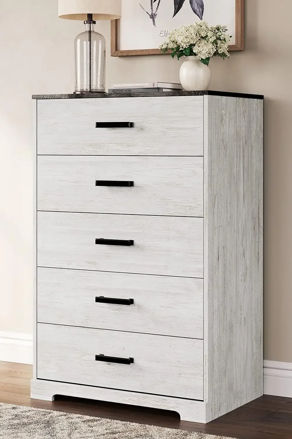 NEW Shawburn Rustic 5 Drawer Chest of Smooth-Gliding Drawers and Safety Stop, White & Gray