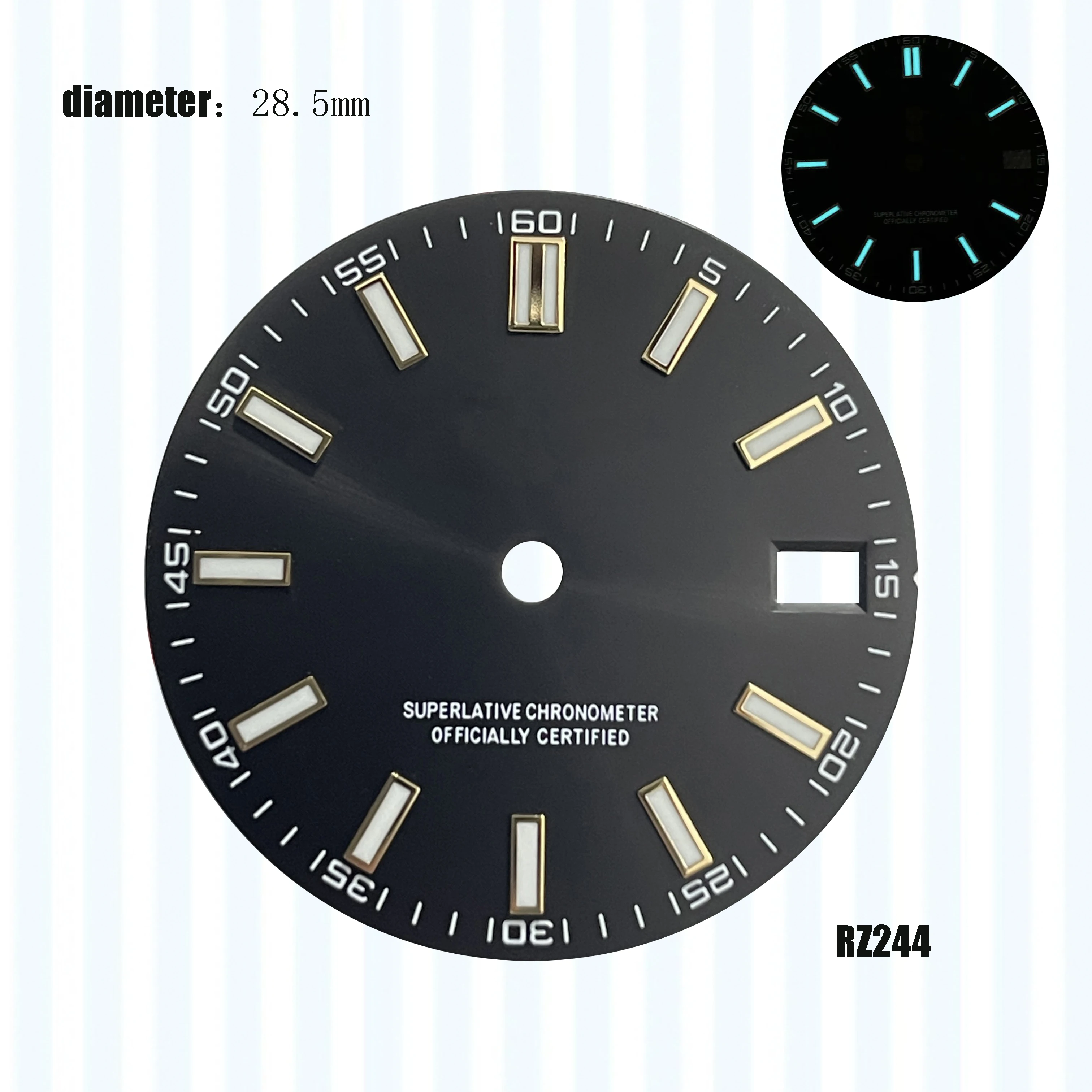 blu luminoso Vendite calde 28,5 mm Lucernario singolo data logo verde Quadrante nh35 36 Movimento automatico 29 mm Logo singolo quadrante blu