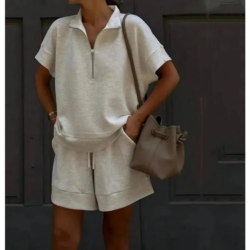 

Новый летний комплект 2026: свитер с длинными рукавами и шорты, однотонный, модный повседневный комплект из 2 предметов