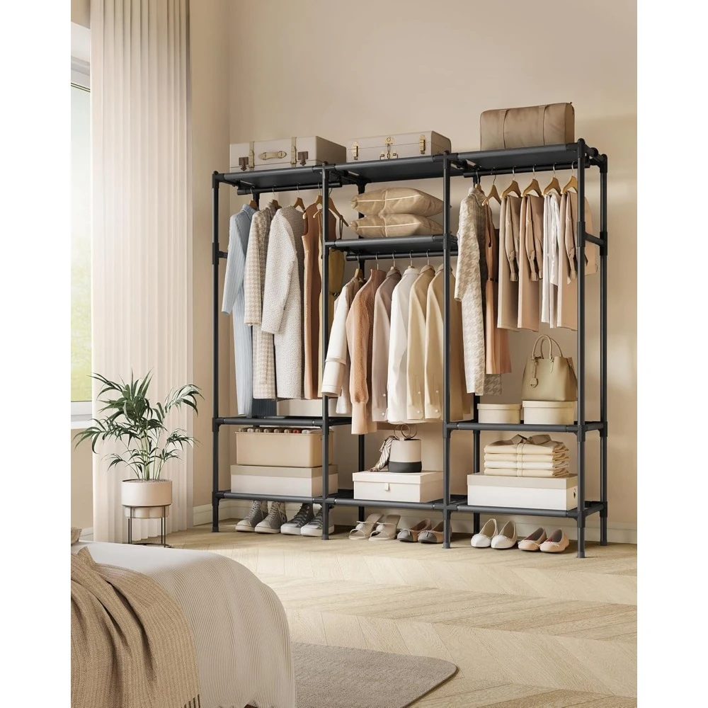 Clothes Rack, Portable Closet, Heavy Duty Wardrobe Closet Organizer with Hanging Rails and Shelves, 74.8”H