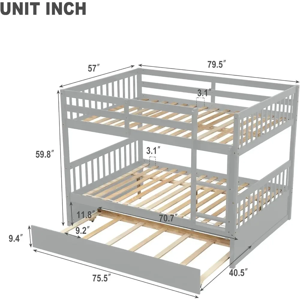 Bunk Bed,Convertible To 2 Full Size Platform Beds, with Twin Size Trundle Beds Frame and Safety Guard Rail, Solid Wood Bunk Beds