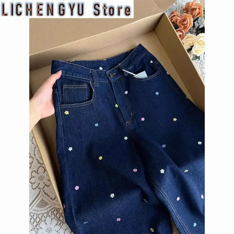 

Women's Floral embroidery Baggy Casual Denim Trousers Cool Girl High Waisted Pant Female Straight Loose Wide Leg Deep Blue Jeans