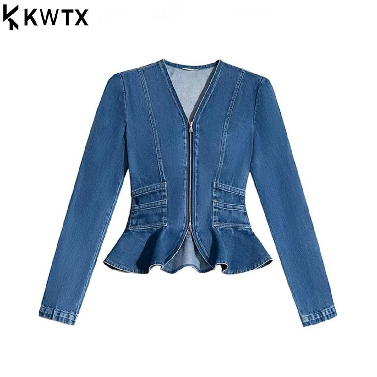 

KWTX Women’s Cropped Denim Shirt Jacket Solid Color V-Neck Zipper Ruffle Design 2025 New Chic Elegant Casual Spring Fall=
