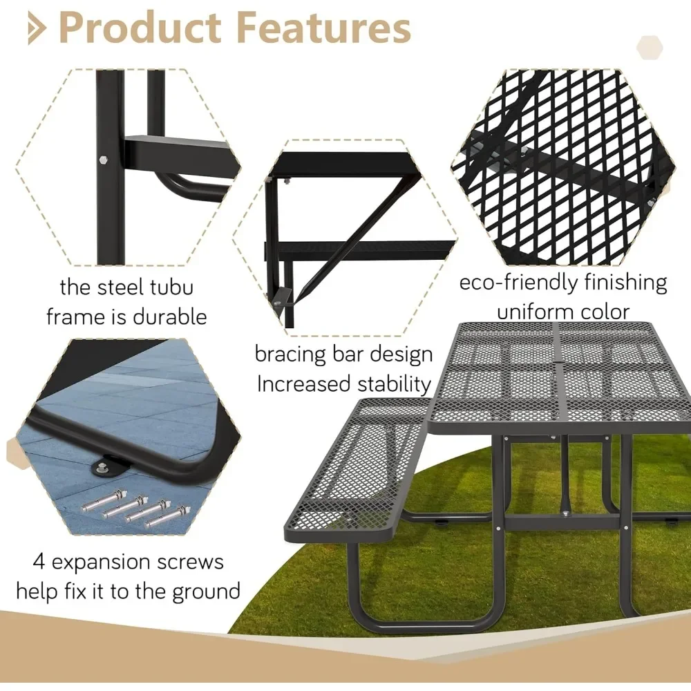 72'' Steel Rectangular Metal Picnic Table for Outdoors, Commercial Picnic Table with Umbrella Hole of Up to 1-1/2