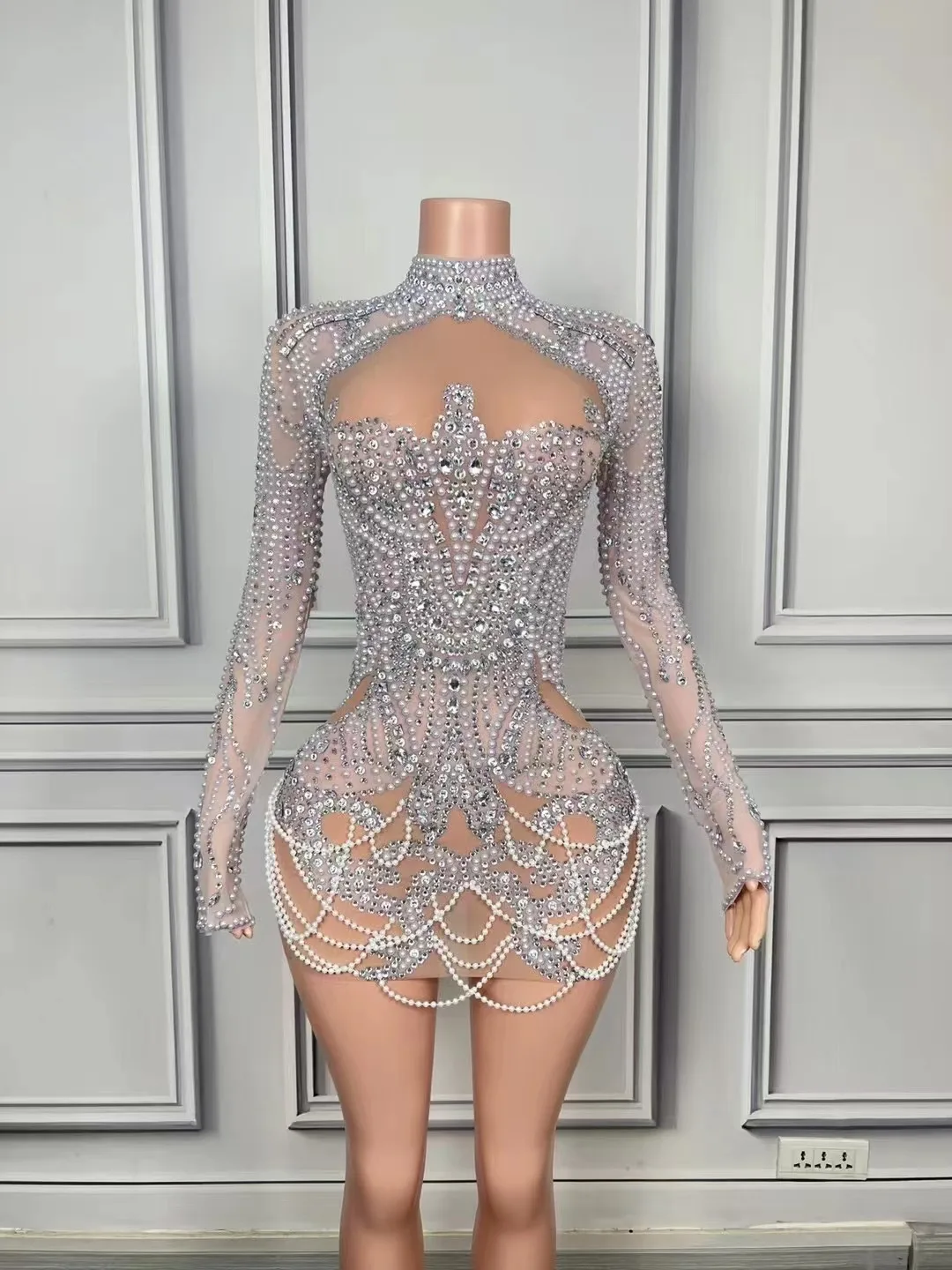 

Nightclub Bar Full Diamond Chain Printed Hollow Dress Short Skirt Female Singer Model Catwalk