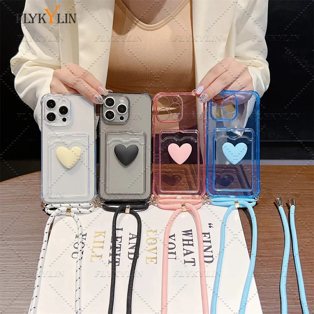 Crossbody Halskette Riemen Schnur Liebe Herz Kartenhalter Brieftasche Fall für Xiaomi Redmi 14C 13 13C 12C 10C 9A 9C A3 A1 A2 Klare Abdeckung
