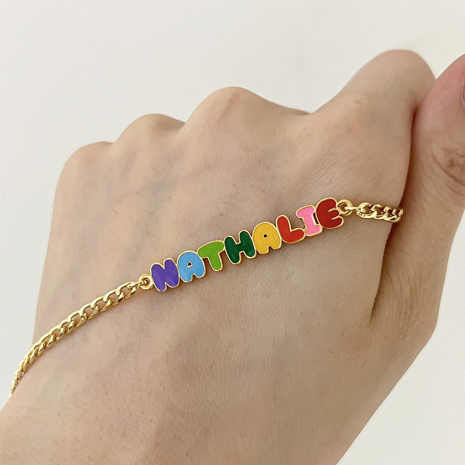 Custom Rainbow Enamel Name Bracelets Kids Cuban Chain Bracelets Stainless Steel Name Bracelet Christmas Gifts for Daughter