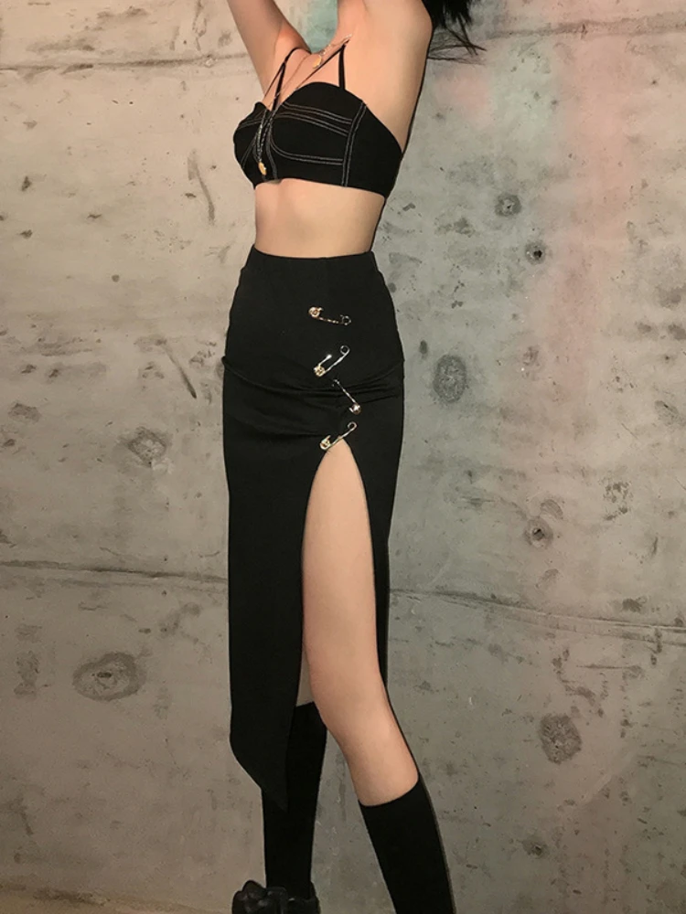 

Artsu Women Sexy Summer Midi Skirt High Quality Black Elastic High Waist Split Skirt Lady Aesthetic Gothic Skinny Ruched Skirts