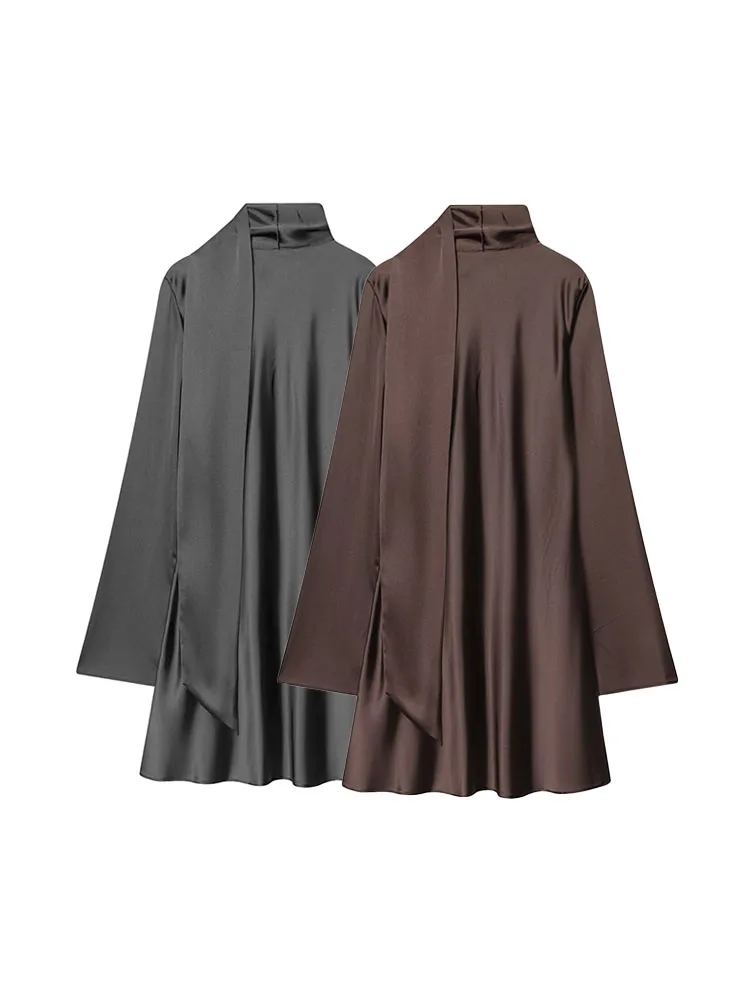 HH Women's French Scarf Decorated V-Neck Mini Dress Silk Satin Texture Light Luxury Elegant High Waist Slim Party Dress