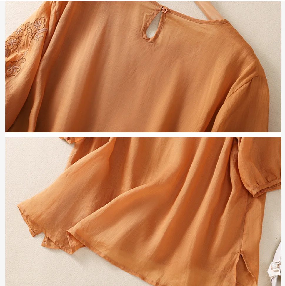 Damskie haftowane bawełniane lniane bluzki Letnie koszulki z krótkim rękawem Luźny pomarańczowo-zielony top