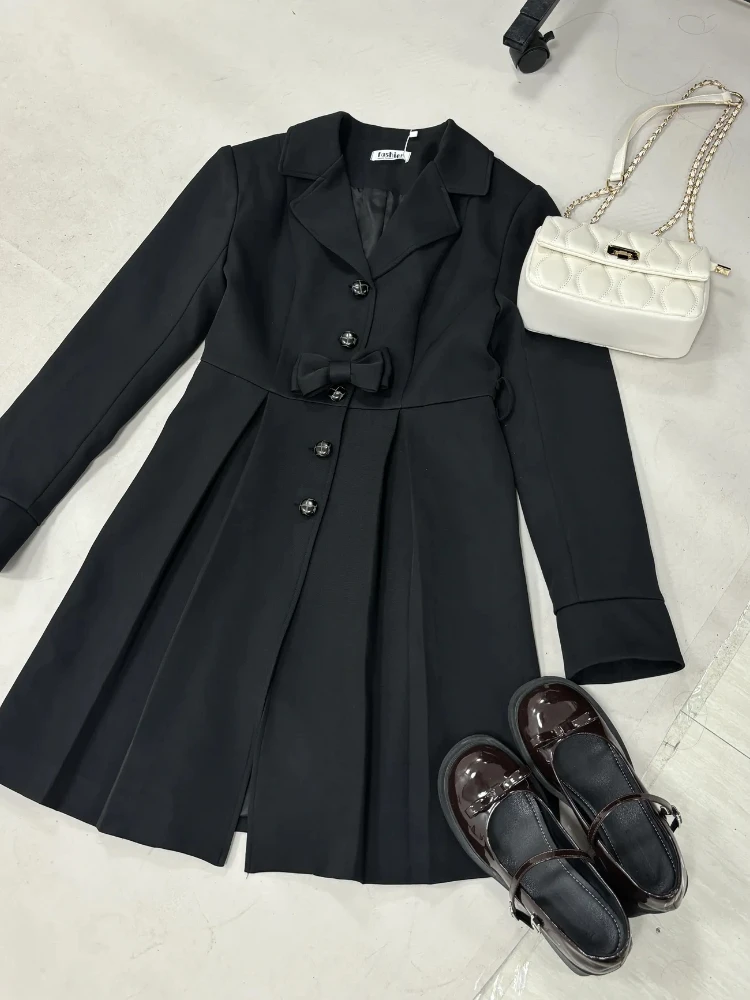 French Vintage Elegant Black Trench Coat Women New Single-breaste Fashion Retro Autumn Coat Aesthetic Slim High Street Clothing