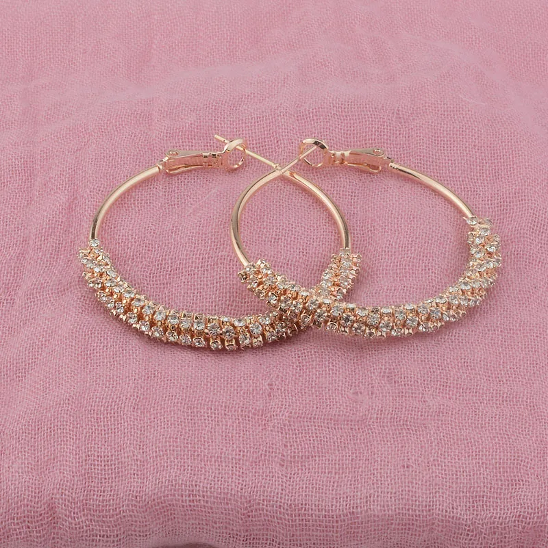 New Women 585 Rose Gold Color Multi White Cubic Zircon Big Hoop Earrings