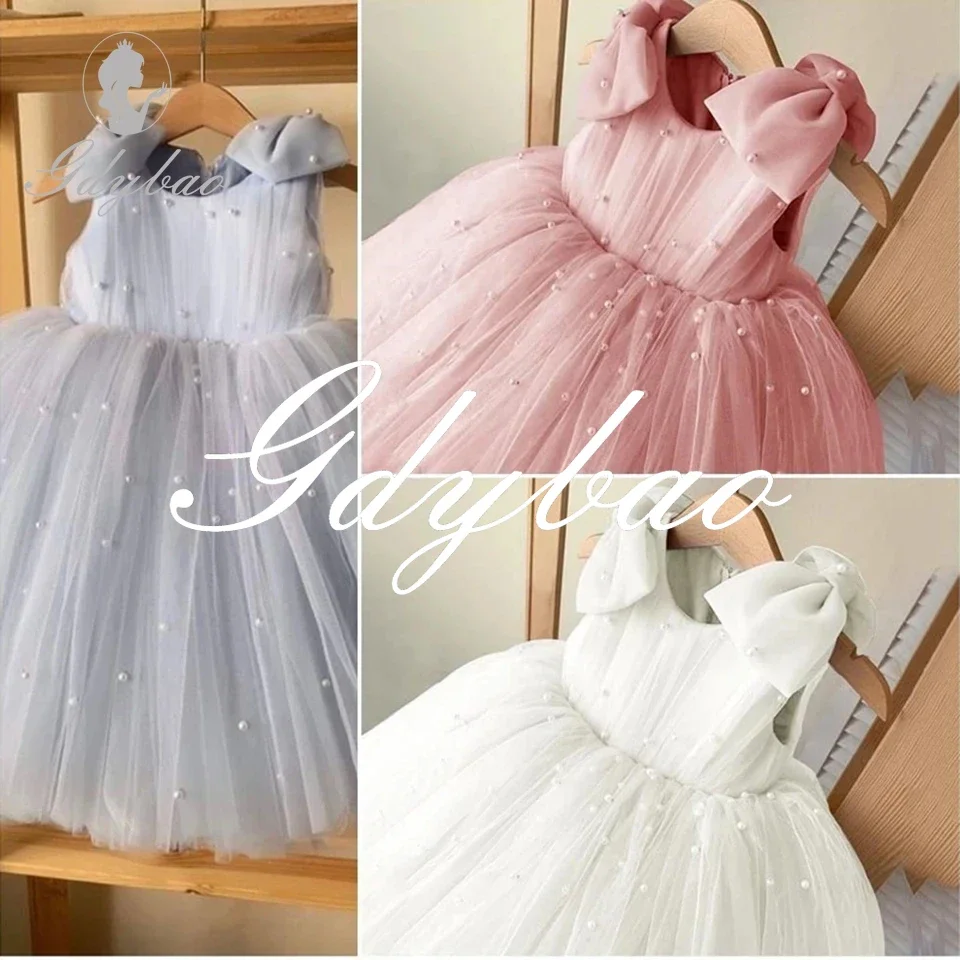 JYS Pearls Beading Sleeveless Flower Girl Dresses For Wedding Puffy Tulle Baby Party First Communion Gowns With Bows