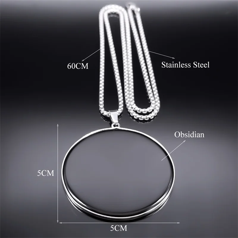 Fashion Big Black Obsidian Necklace Stainless Steel Natural Stone Lucky Pendant Necklaces Chain for Men Jewelry colar feminino