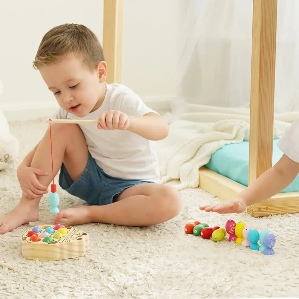 Jogo de pesca de madeira magnético montessori para crianças, habilidade motora fina, brinquedo de aprendizagem precoce para meninos e meninas, ótimo presente de natal