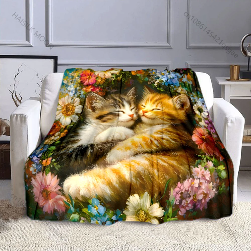 Multi-size Cats Surrounded By Flowers Pattern Blanket Flannel Material Soft Warm for All Seasons Home Outdoor Camping Picnics RV