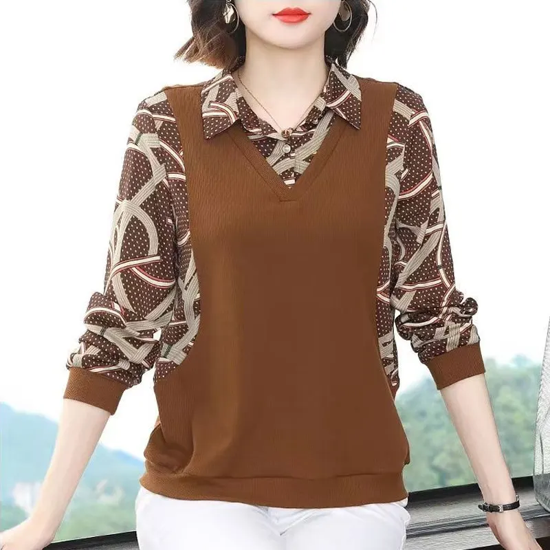 Frühling Herbst gefälschte zweiteilige Bluse Vintage Langarm bedruckte Damen bekleidung pendeln Revers Knopf stilvolle Patchwork-Shirt