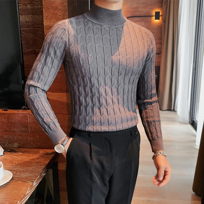 

Twist Crochet Knit T Shirts Men Luxury Knitwear 2024 Spring Fashion Solid Slim Turtleneck Sweater Mens Long Sleeve Knitted Tops